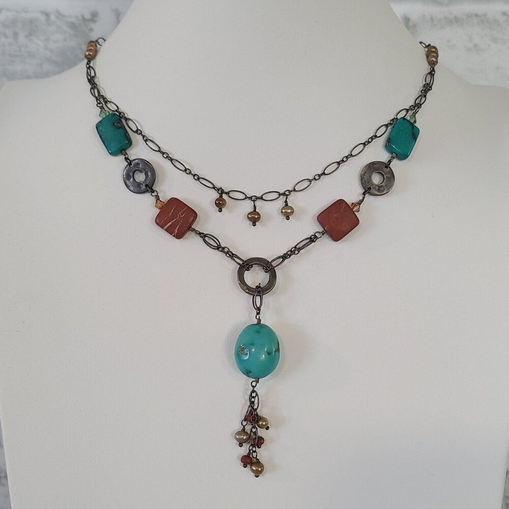 Vintage Tres Jolie Turquoise Pewter Stone Drop Necklace Boho Luxury Jewelry